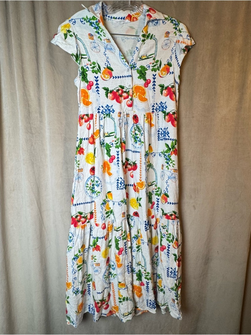 Jane and Delancey White Maxi Dress Fruit Print Italian Grocery Bicycle Euro S